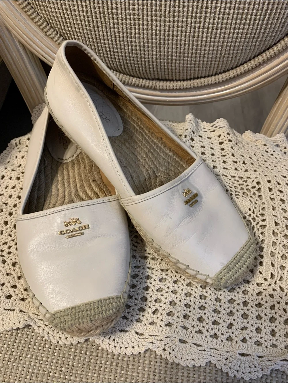 Coach White Leather Espadrille Flats with Gold Logo